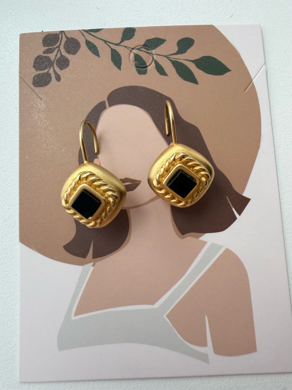 JW Geometric Drop Earrings Gold Tone Black Stone Statement Chic Quiet Luxury